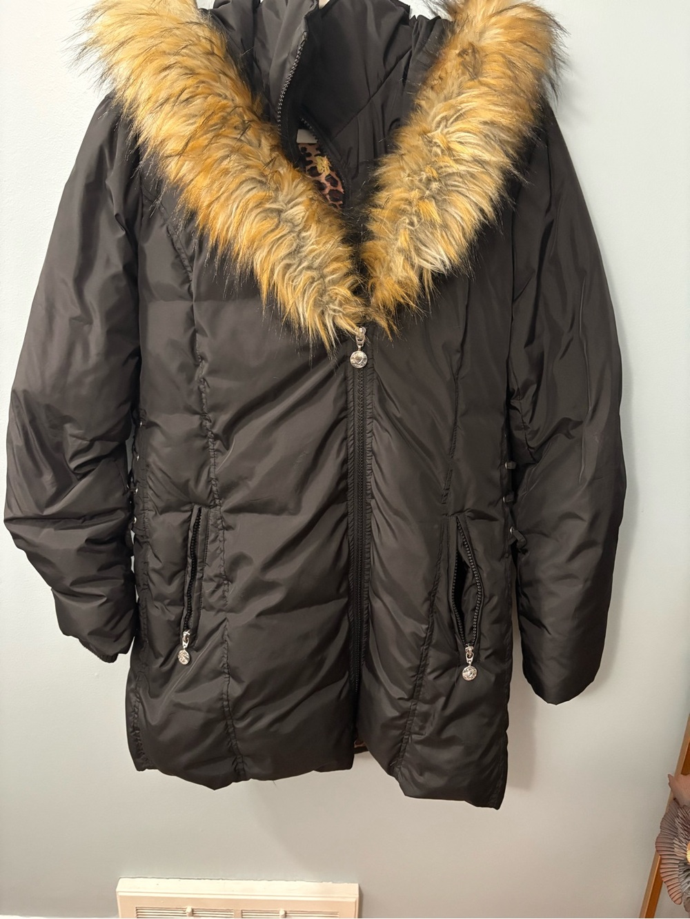 Betsey Johnson Black Puffer Coat with Golden Faux-Fur Trim